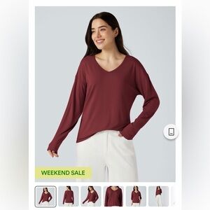 HALARA Women's V-Neck Long Sleeve Top in Burgundy
